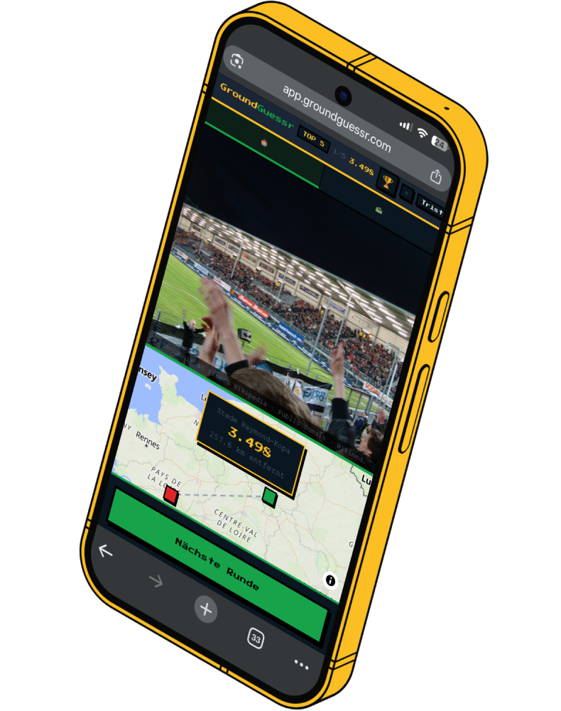 GroundGuessr Spielansicht — Stadion, Umgebung, Karte, Pin